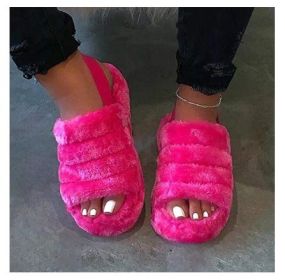 Women Fur Wedge Slippers with Ankle Elastic Band Open Toe Winter Slides Home Slipper Plush Slip-on Fluffy Warm Indoor Slippers Comfortable (Color: Pink, size: 37)