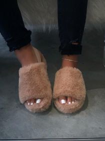 Women Fur Wedge Slippers with Ankle Elastic Band Open Toe Winter Slides Home Slipper Plush Slip-on Fluffy Warm Indoor Slippers Comfortable (Color: Brown, size: 37)