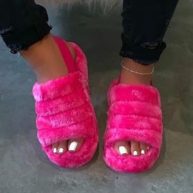 Women Fur Wedge Slippers with Ankle Elastic Band Open Toe Winter Slides Home Slipper Plush Slip-on Fluffy Warm Indoor Slippers Comfortable (Color: Pink, size: 38)