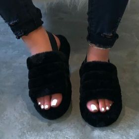 Women Fur Wedge Slippers with Ankle Elastic Band Open Toe Winter Slides Home Slipper Plush Slip-on Fluffy Warm Indoor Slippers Comfortable (Color: Black, size: 36)