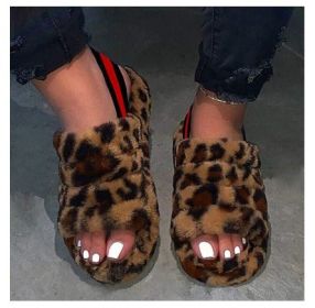 Women Fur Wedge Slippers with Ankle Elastic Band Open Toe Winter Slides Home Slipper Plush Slip-on Fluffy Warm Indoor Slippers Comfortable (Color: leopard, size: 36)