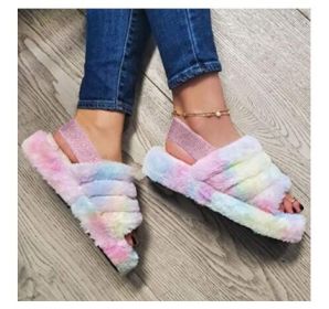 Women Fur Wedge Slippers with Ankle Elastic Band Open Toe Winter Slides Home Slipper Plush Slip-on Fluffy Warm Indoor Slippers Comfortable (Color: Colorful-Pink, size: 36)