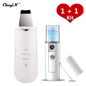 Ultrasonic Skin Scrubber Skin Peeling Extractor Facial Deep Cleaning Beauty Device + Skin Rejuvenation Nano Face Mist Steamer 40 (Color: White and Sprayer)