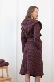 Waffle Linen Bathrobe with Hoodie in Plum (Color: Plum, size: King Size)